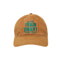 Front view of light brown Carhartt canvas baseball cap with embroided orange and teal logo that reads: TRAIN SMART Everytown Firearms Training.