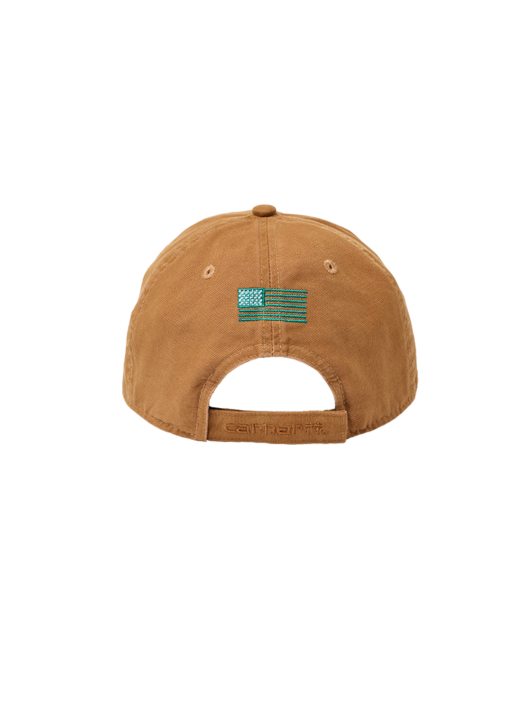 Back view of light brown Carhartt canvas baseball cap with embroided teal american flag centered over the opening.