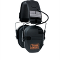 Black noise-reducing ear muffs with a removable black and white American flag patch on each side of the headband, and an orange logo on one earmuff that reads: TRAIN SMART Everytown Firearms Training.