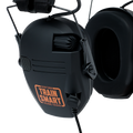 Close up view of black noise-reducing ear muffs. An orange logo on one ear muff reads: TRAIN SMART Everytown Firearms Training. The ear muff has a removable aux cord for audio input and a recessed volume knob.