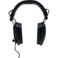 Front view of black noise-reducing ear muffs. A removable aux cable is plugged in to the left ear muff.