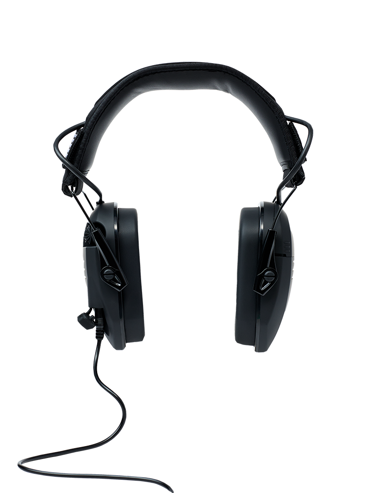 Front view of black noise-reducing ear muffs. A removable aux cable is plugged in to the left ear muff.