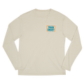 Front view of khaki-colored long sleeve unisex shirt with a teal and orange logo on left chest that reads: TRAIN SMART Everytown Firearms Training.