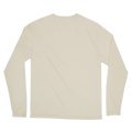 Back view of khaki-colored long sleeve unisex shirt.