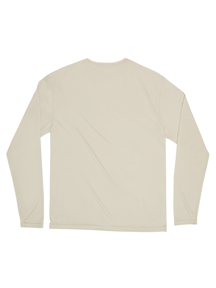 Back view of khaki-colored long sleeve unisex shirt.