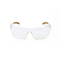 Front view of clear Carhartt Billings safety glasses with a small orange Train SMART logo on each side.