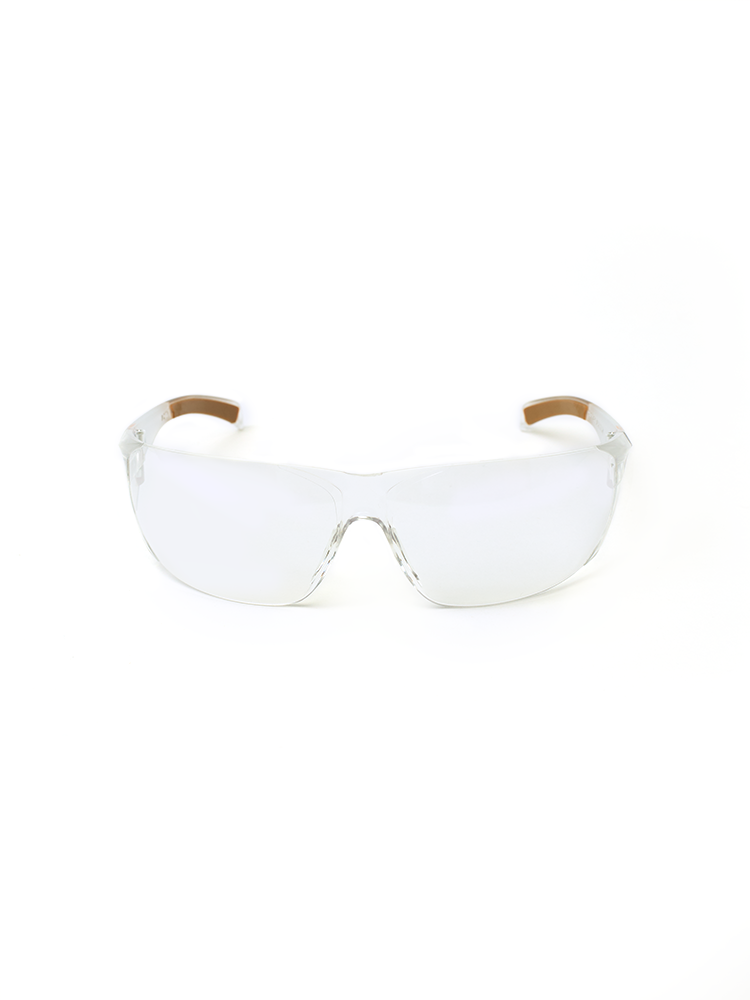 Front view of clear Carhartt Billings safety glasses with a small orange Train SMART logo on each side.