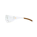 Side view of clear Carhartt Billings safety glasses with a small orange Train SMART logo on each side.