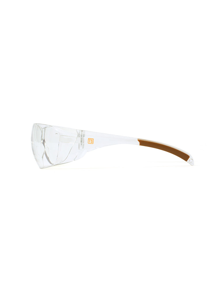 Side view of clear Carhartt Billings safety glasses with a small orange Train SMART logo on each side.