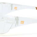 Close-up side view of clear Carhartt Billings safety glasses with a small orange Train SMART logo on each side.