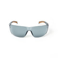 Front view of gray-tinted Carhartt Billings safety glasses with a small white Train SMART logo on each side.