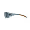 Side view of gray-tinted Carhartt Billings safety glasses with a small white Train SMART logo on each side.