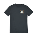 Front view of gray short sleeve unisex t-shirt with a small orange and white logo on left chest that reads: TRAIN SMART Everytown Firearms Training.