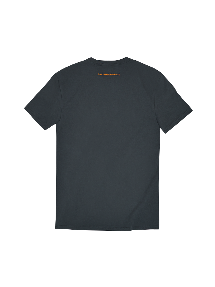 Back view of gray short sleeve unisex t-shirt with small orange text under the collar that reads: TrainSmartGunSafety.org